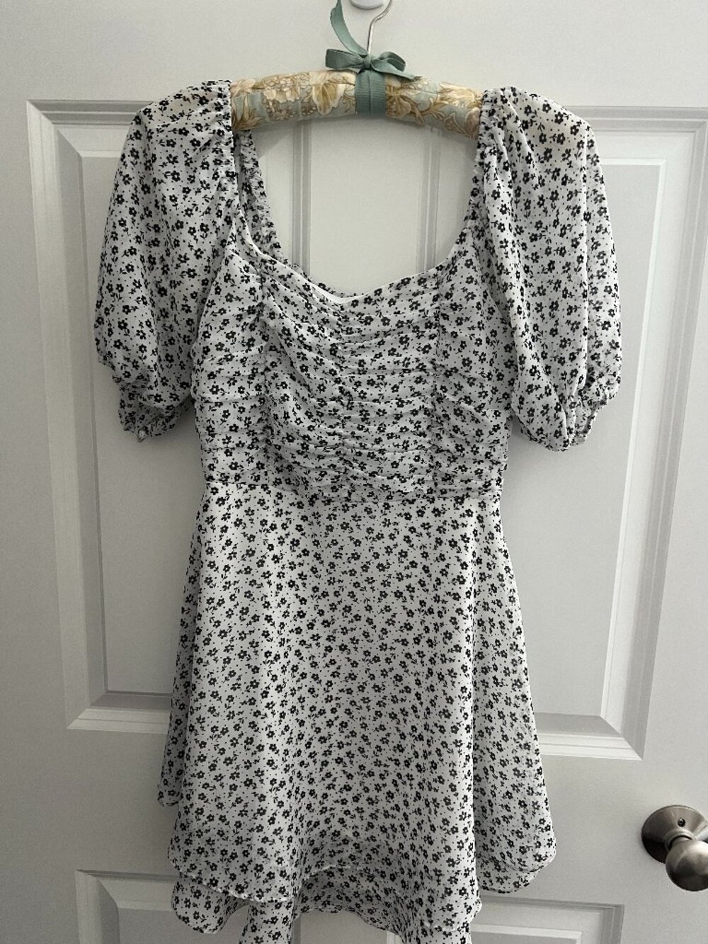 Altar'd State White Floral Puff Sleeve Mini Dress Cottagecore S